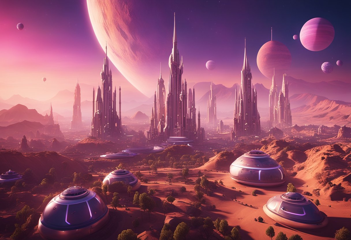 Aelita's Mars: A futuristic cityscape with towering spires, glowing neon lights, and sleek hovercrafts zooming through the sky