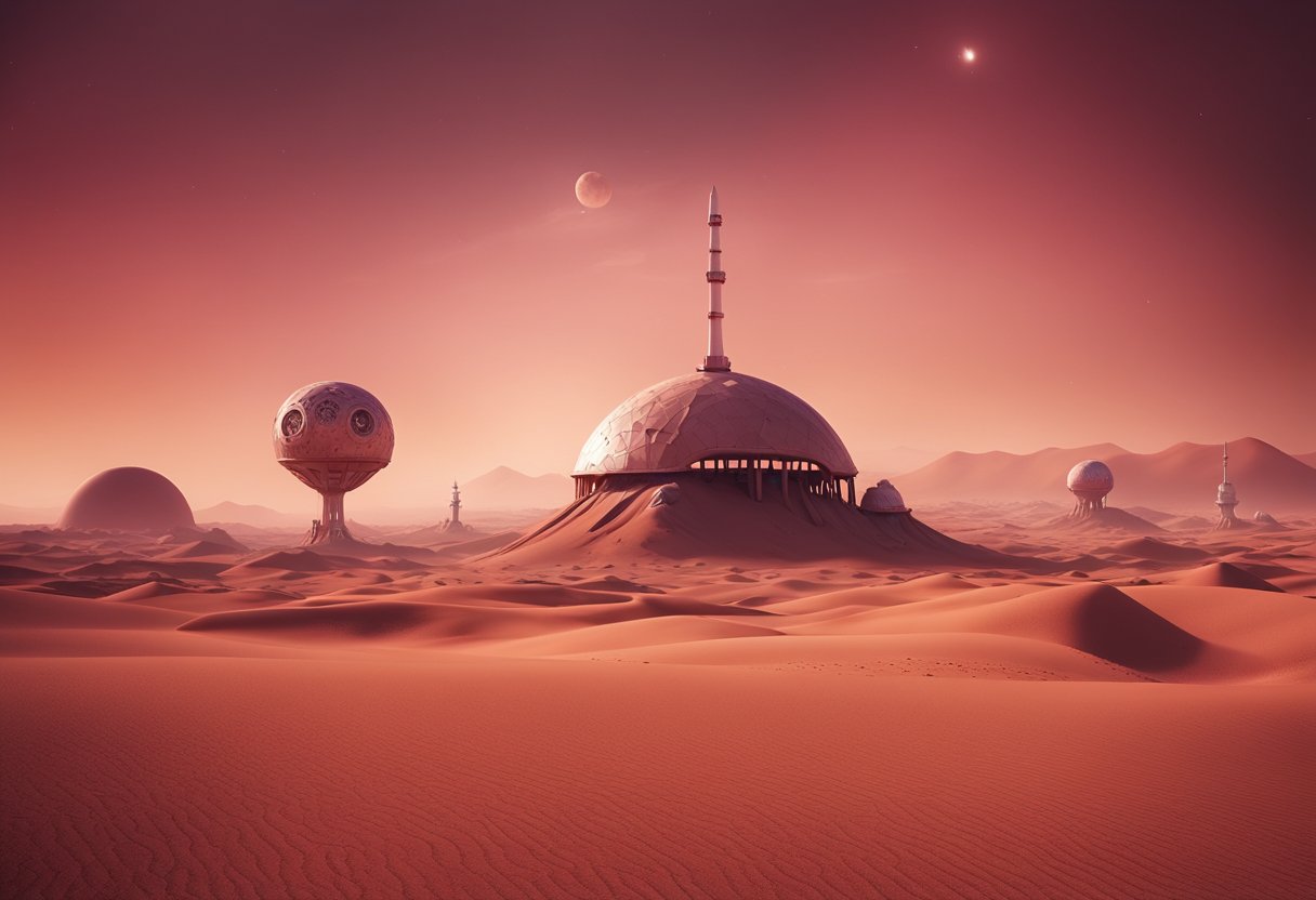 Aelita's Mars: A surreal landscape of crimson dunes and towering alien structures, with a hazy red sky and strange, otherworldly flora