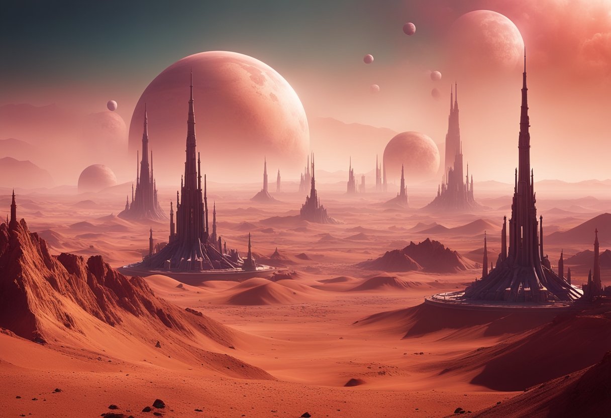 Aelita's Mars: A crimson landscape with towering spires and floating cities, surrounded by swirling dust storms and alien flora