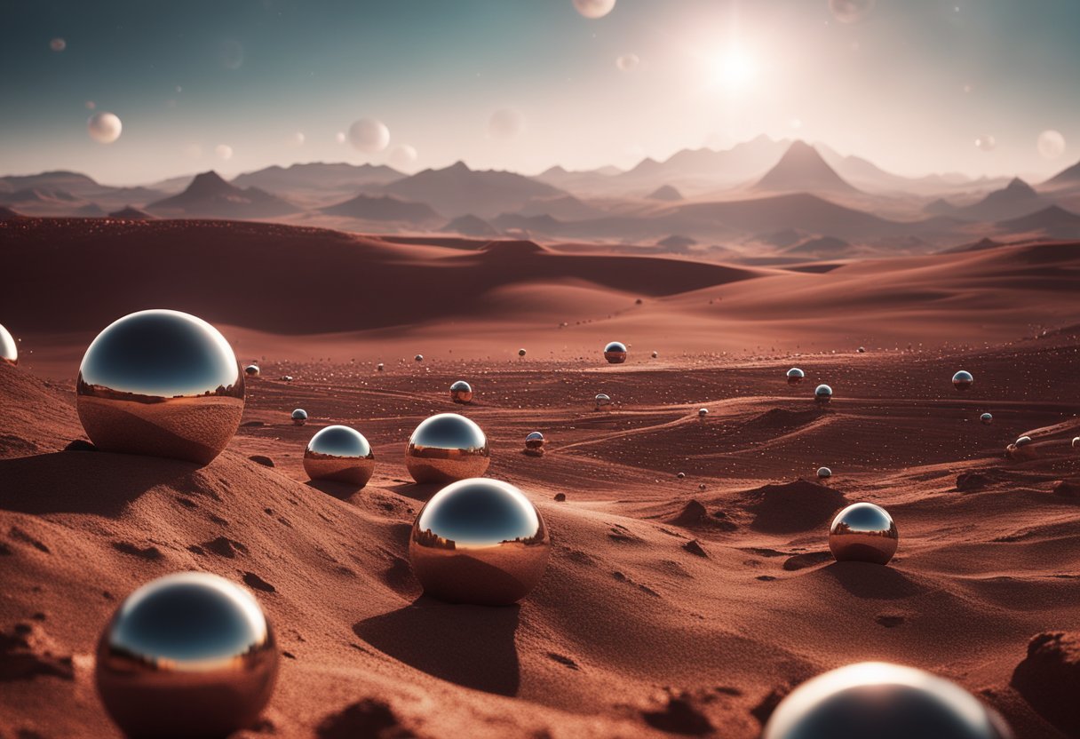 In a futuristic landscape, metallic structures rise from the crimson soil. Glowing orbs hover in the sky, casting an otherworldly light over the alien terrain