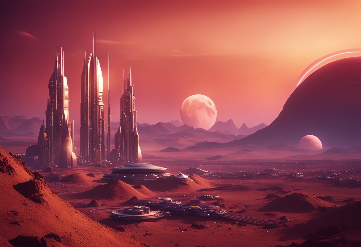 A futuristic city on Mars, with towering metallic structures and glowing neon lights, set against a crimson sky with two moons in the distance