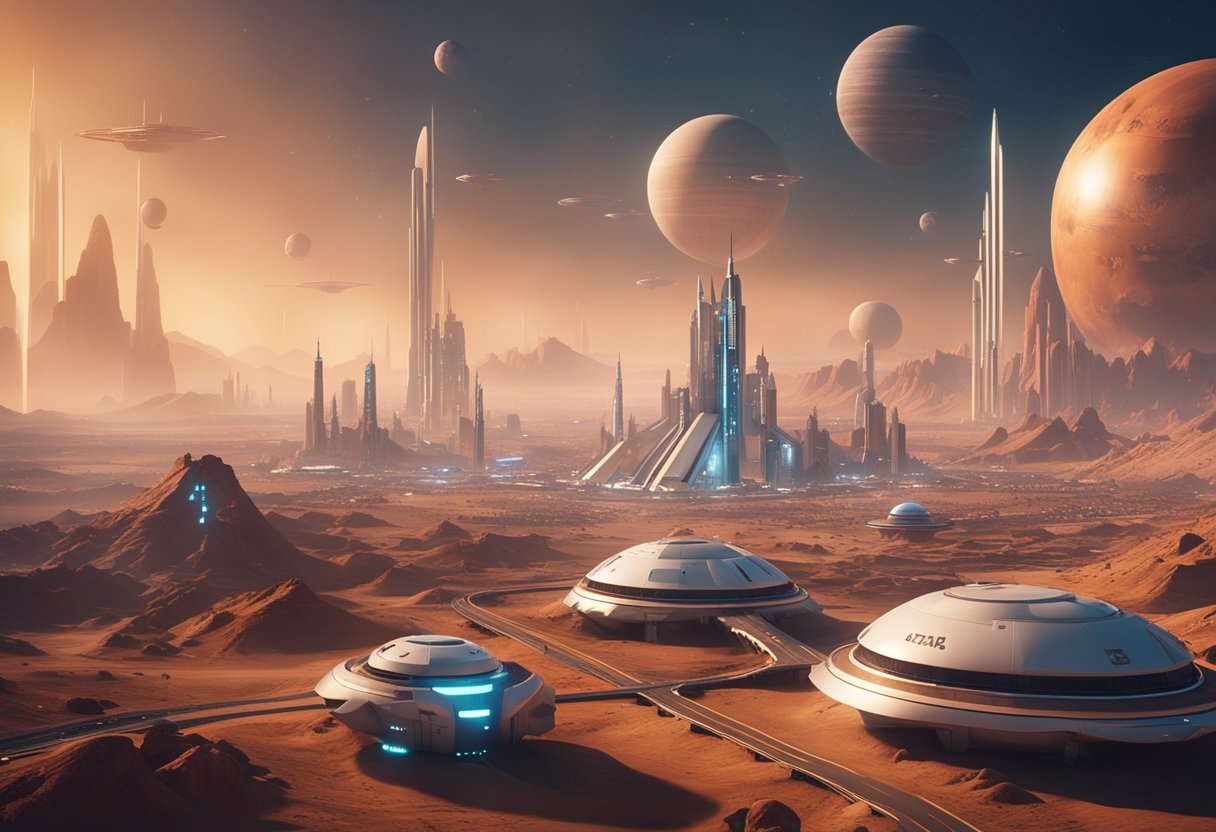 A futuristic city on Mars with towering, geometric structures and sleek transport vehicles gliding through the air. The landscape is dotted with metallic domes and glowing neon signs, creating a sense of otherworldly wonder