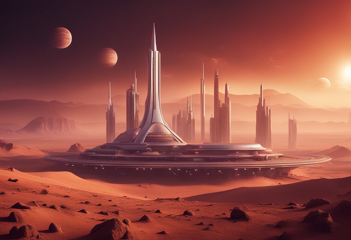 A futuristic city on Mars, with towering metallic structures and glowing neon lights, surrounded by a desolate red landscape and a sky filled with swirling dust storms