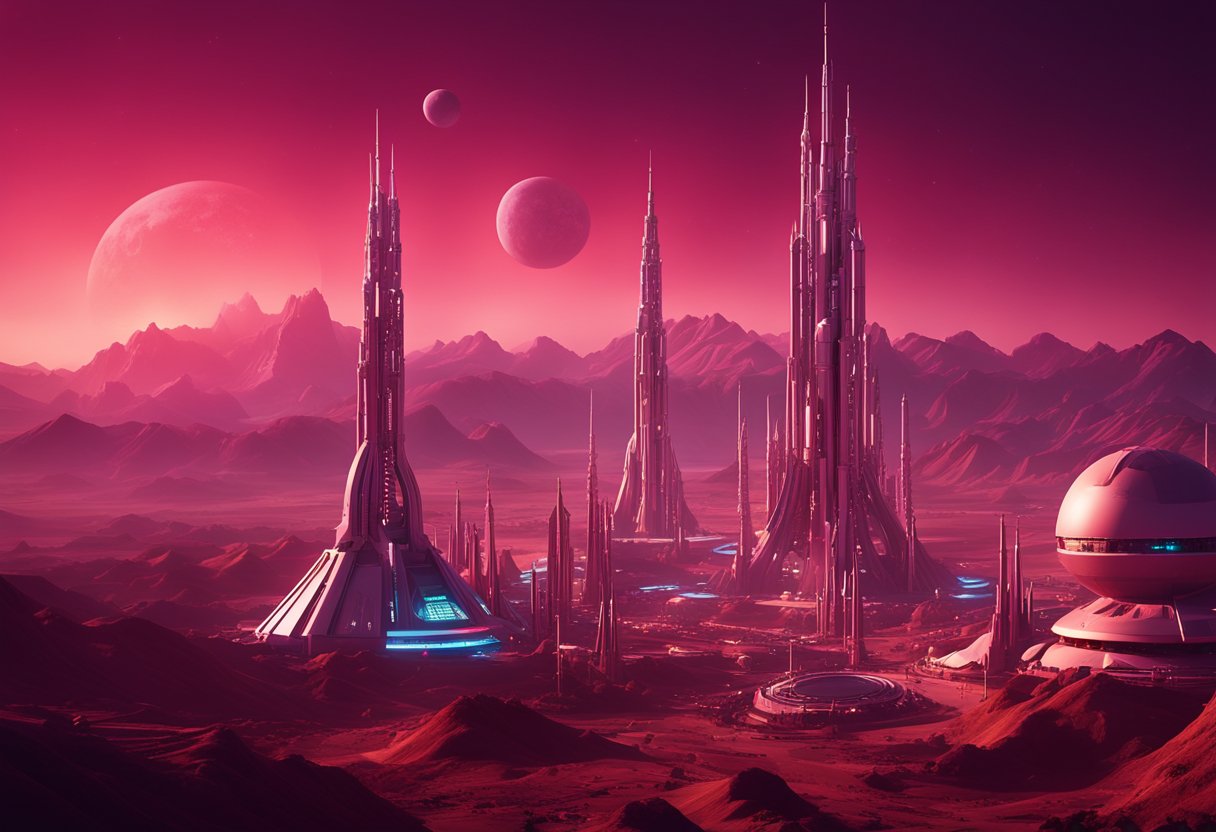 Aelita's Mars: A futuristic cityscape with towering spires, sleek spacecraft, and glowing neon signs against a backdrop of a crimson sky and alien landscapes