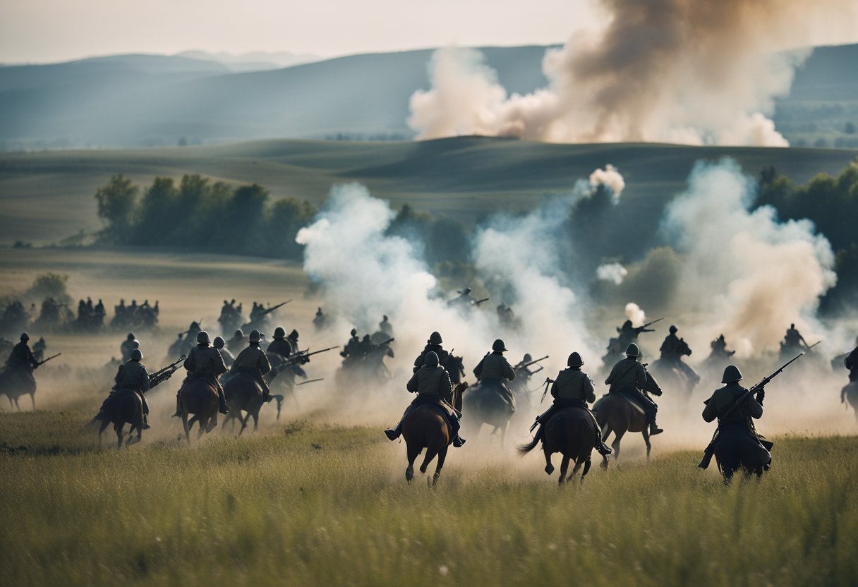 A vast battlefield with soldiers and cavalry engaged in fierce combat, surrounded by billowing smoke and artillery fire, set against a backdrop of a grand Russian landscape