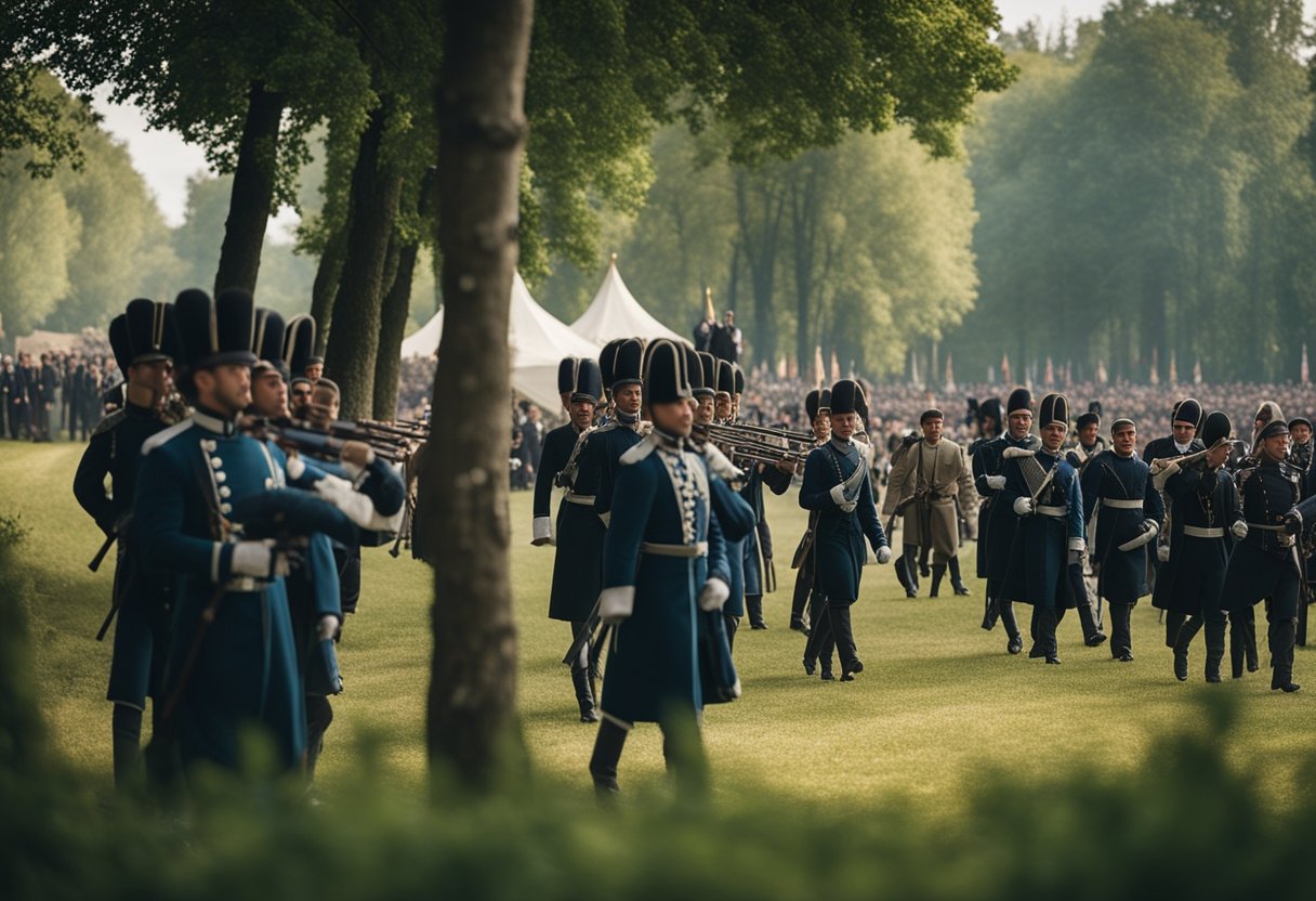 A panoramic view of 19th century Russian countryside, with soldiers marching, and aristocrats socializing at a grand ball