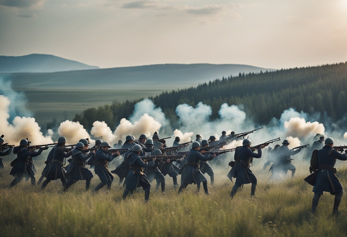 A vast battlefield with smoke and fire, soldiers in a chaotic struggle, cavalry charging, and cannons firing amidst a backdrop of a grand Russian landscape