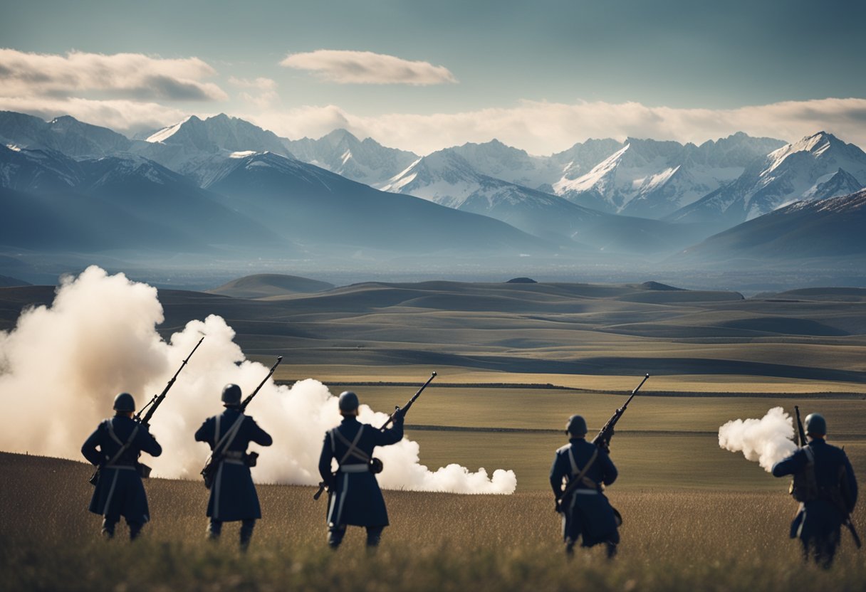 A sweeping battlefield with soldiers in uniform, cannons firing, and smoke billowing. A backdrop of a grand Russian landscape with snow-capped mountains and a vast expanse of fields