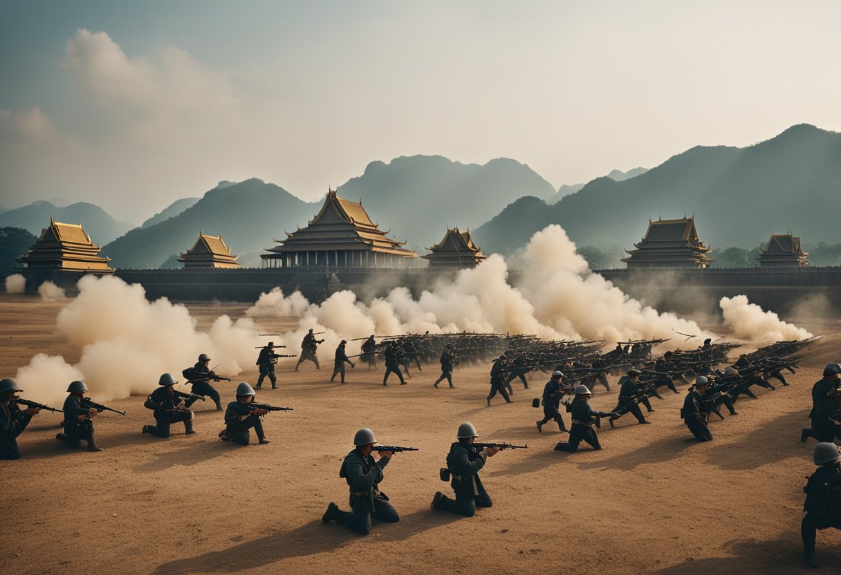 A vast battlefield with soldiers in various uniforms, cannons firing, and a backdrop of a grand palace and rolling hills