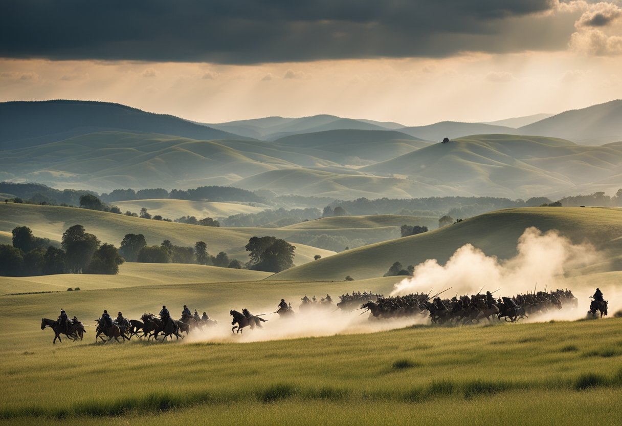 A panoramic view of a grand battlefield with soldiers, horses, and artillery in action, set against a backdrop of rolling hills and a dramatic sky