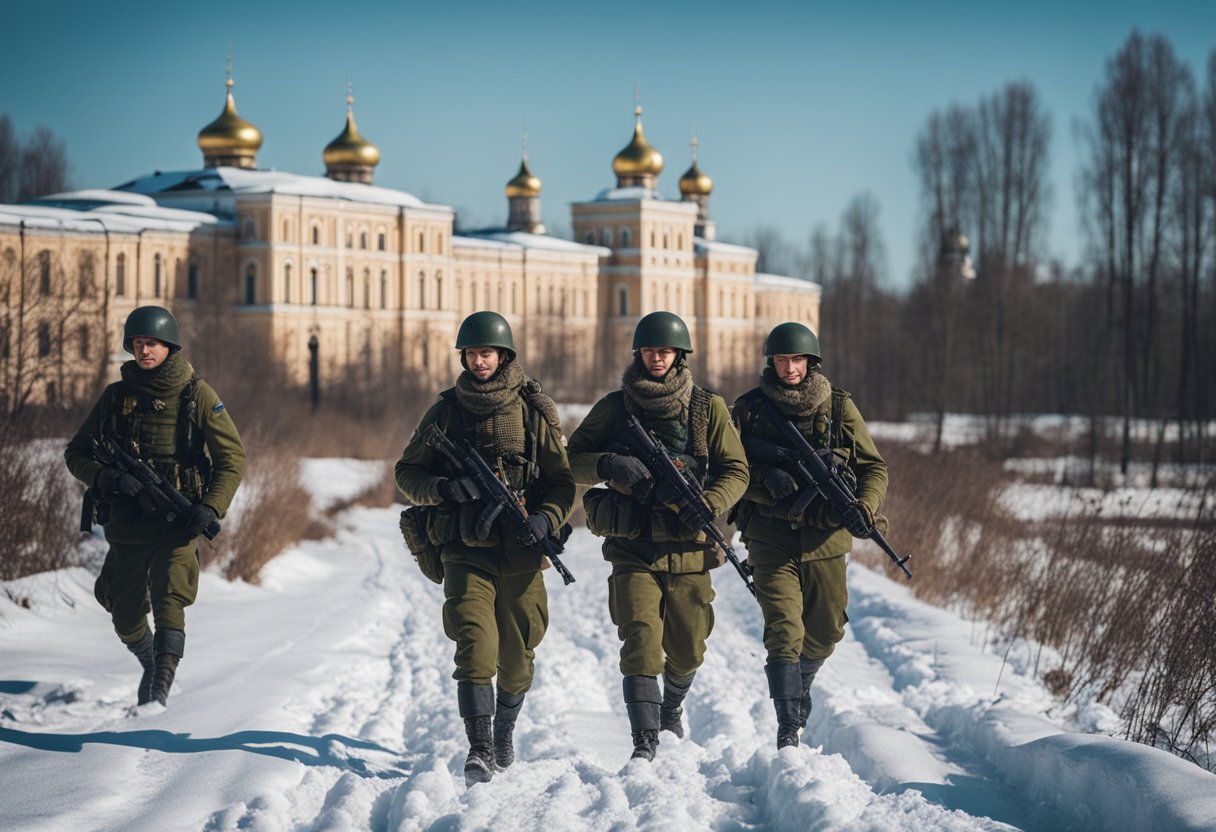 A panoramic view of Russian countryside with soldiers in battle, historic architecture, and a sense of both war and peace