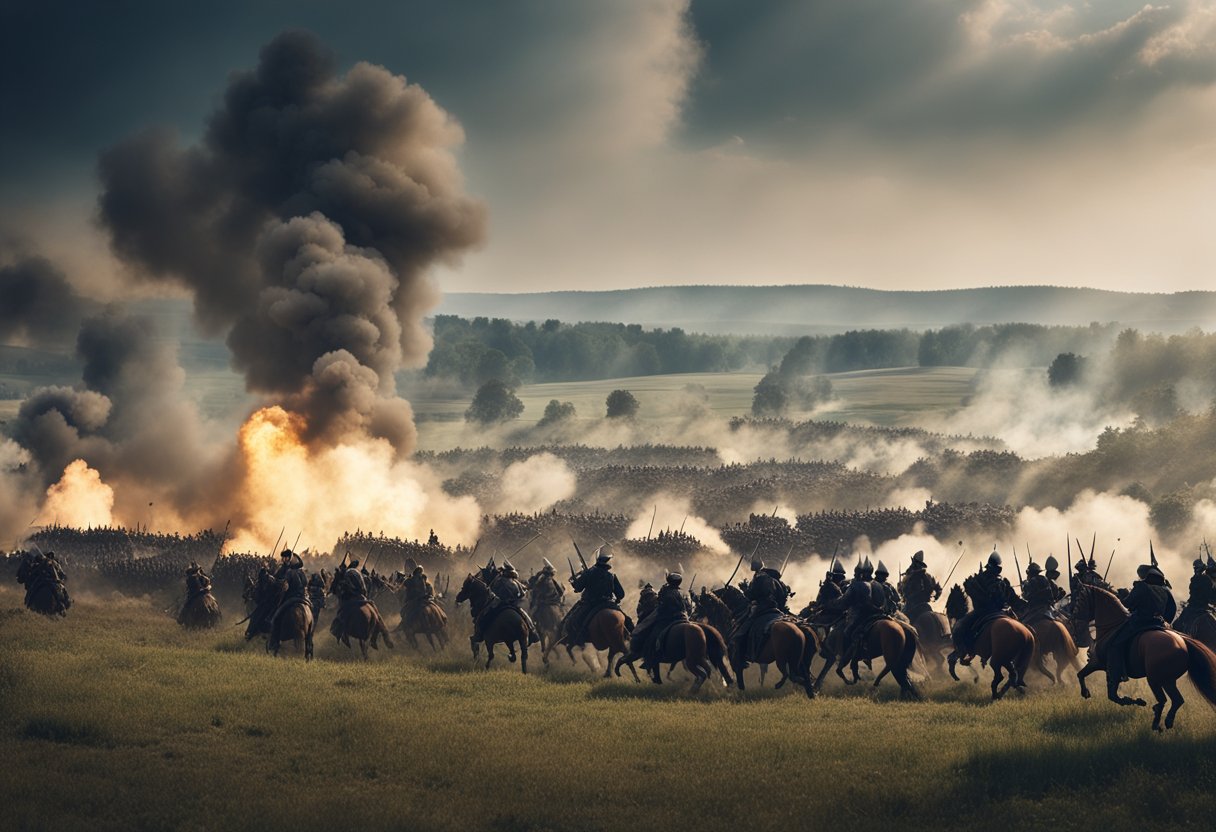 A panoramic view of a battlefield with soldiers and horses, cannons firing, and smoke billowing. A mix of chaos and order, depicting the grand scale of war