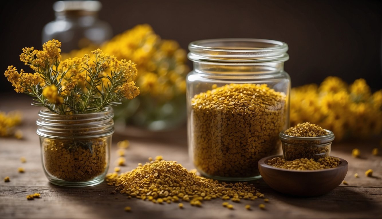 A mortar and pestle grind dried goldenrod flowers. A glass jar sits nearby, ready to hold the tincture