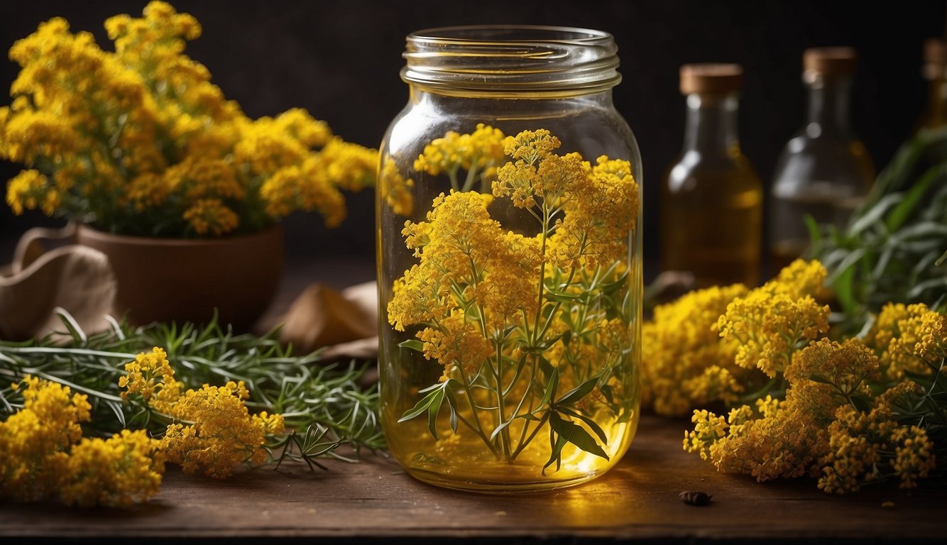 A glass jar filled with goldenrod flowers submerged in alcohol, labeled with recipe instructions and surrounded by various herbs and ingredients