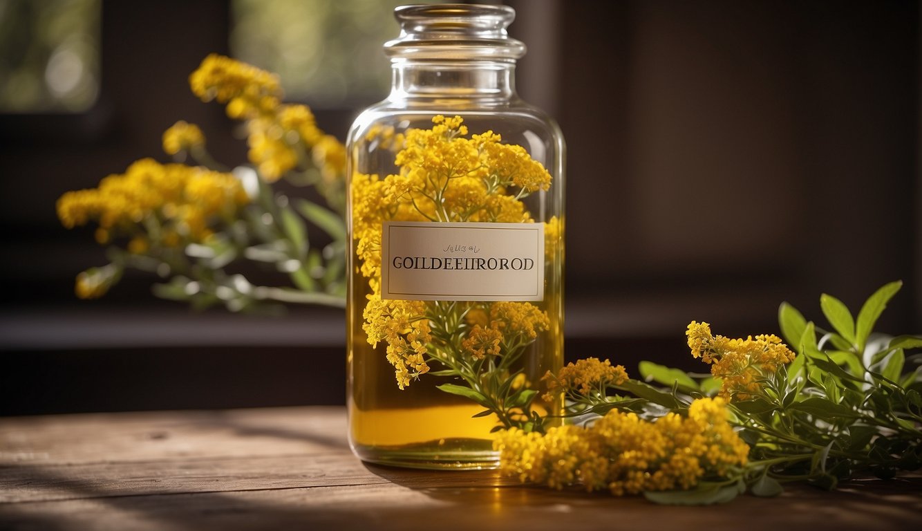A glass jar filled with goldenrod flowers steeping in alcohol, a label with "Goldenrod Tincture" and "Safety and Side Effects" written on it
