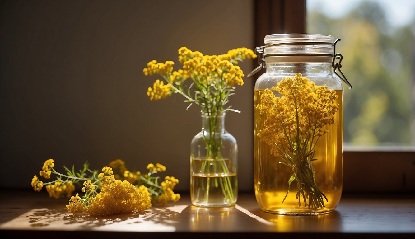 A glass jar filled with goldenrod flowers submerged in alcohol, sitting on a windowsill under the warm sunlight. A handwritten label with the words "Goldenrod Tincture" is attached to the jar