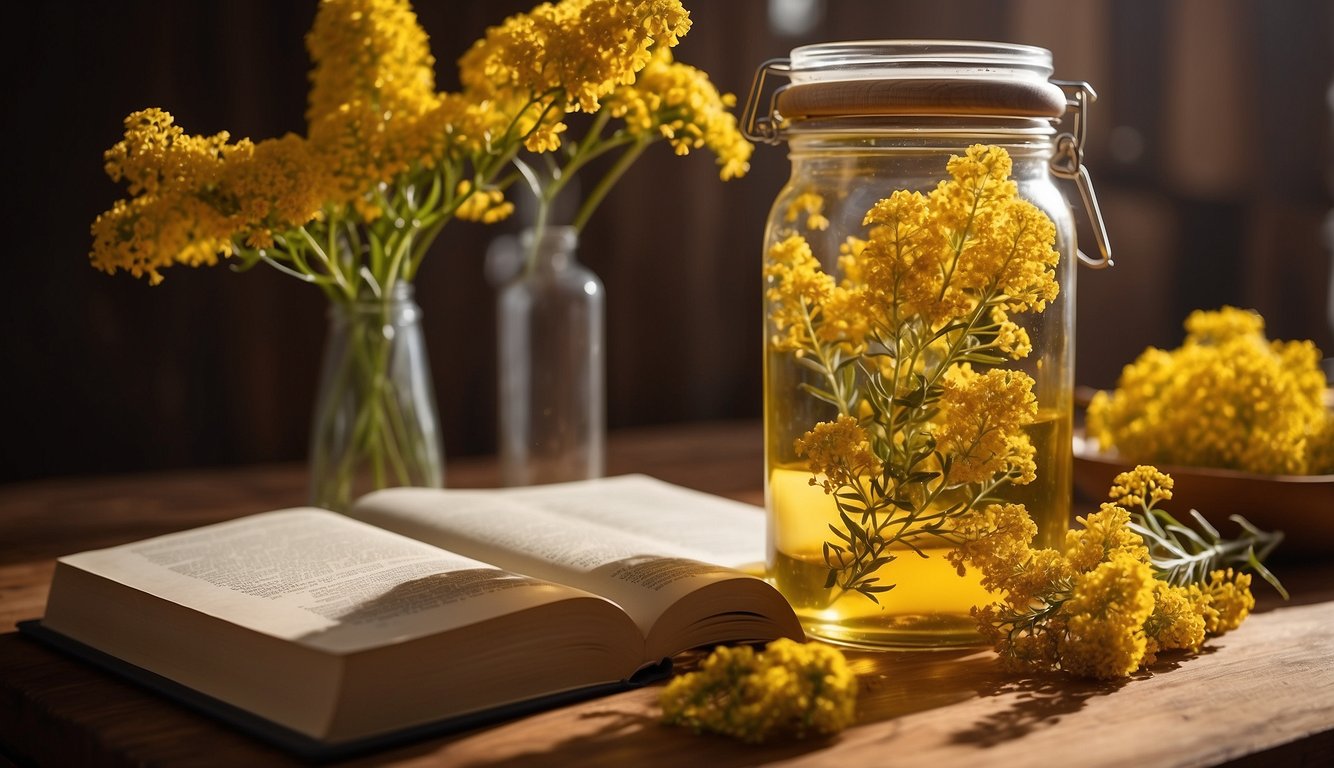 A glass jar filled with goldenrod flowers submerged in alcohol, sitting on a wooden countertop next to a recipe book and a mortar and pestle