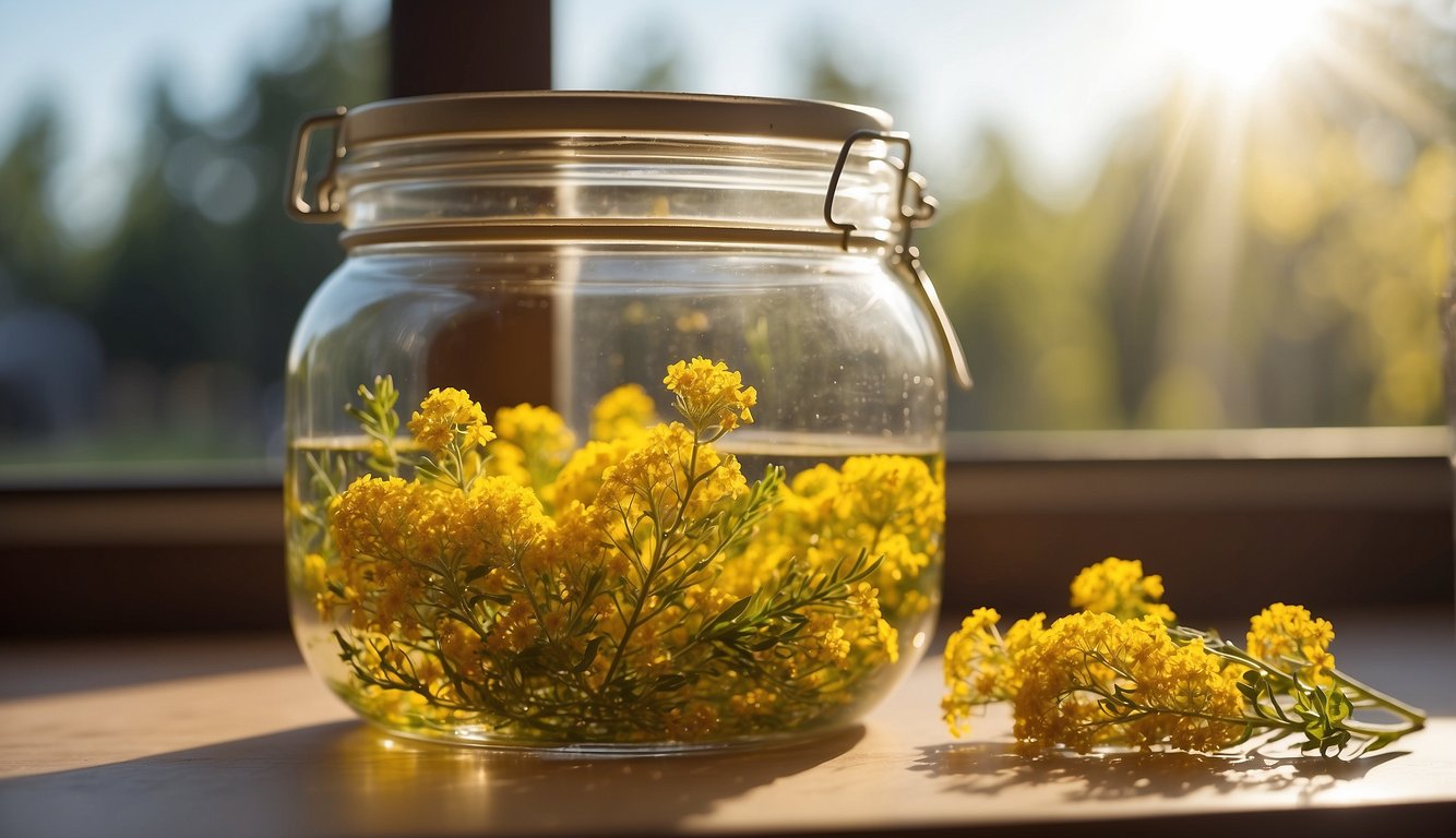 A glass jar filled with goldenrod flowers submerged in alcohol, set on a sunny windowsill for infusion