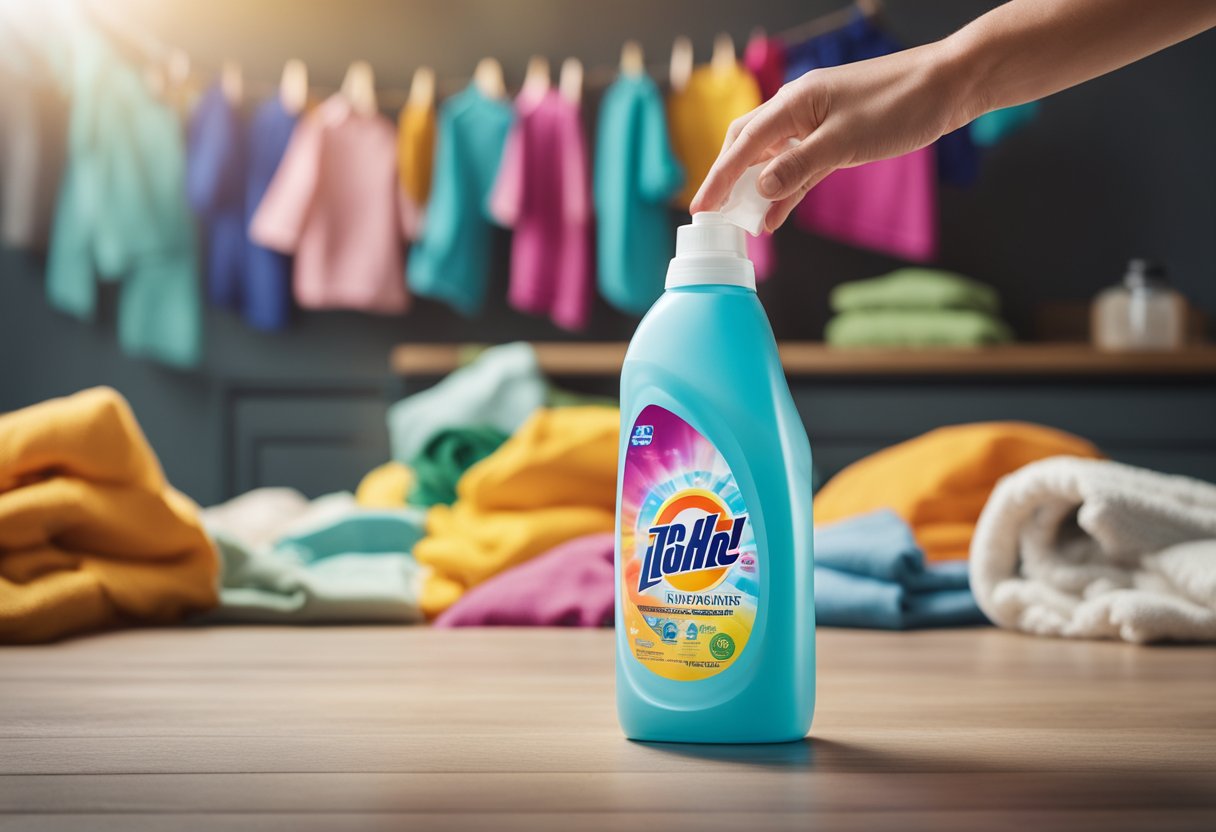 A hand reaching for a clear bottle of stain-free laundry detergent, with a pile of colorful clothes in the background
