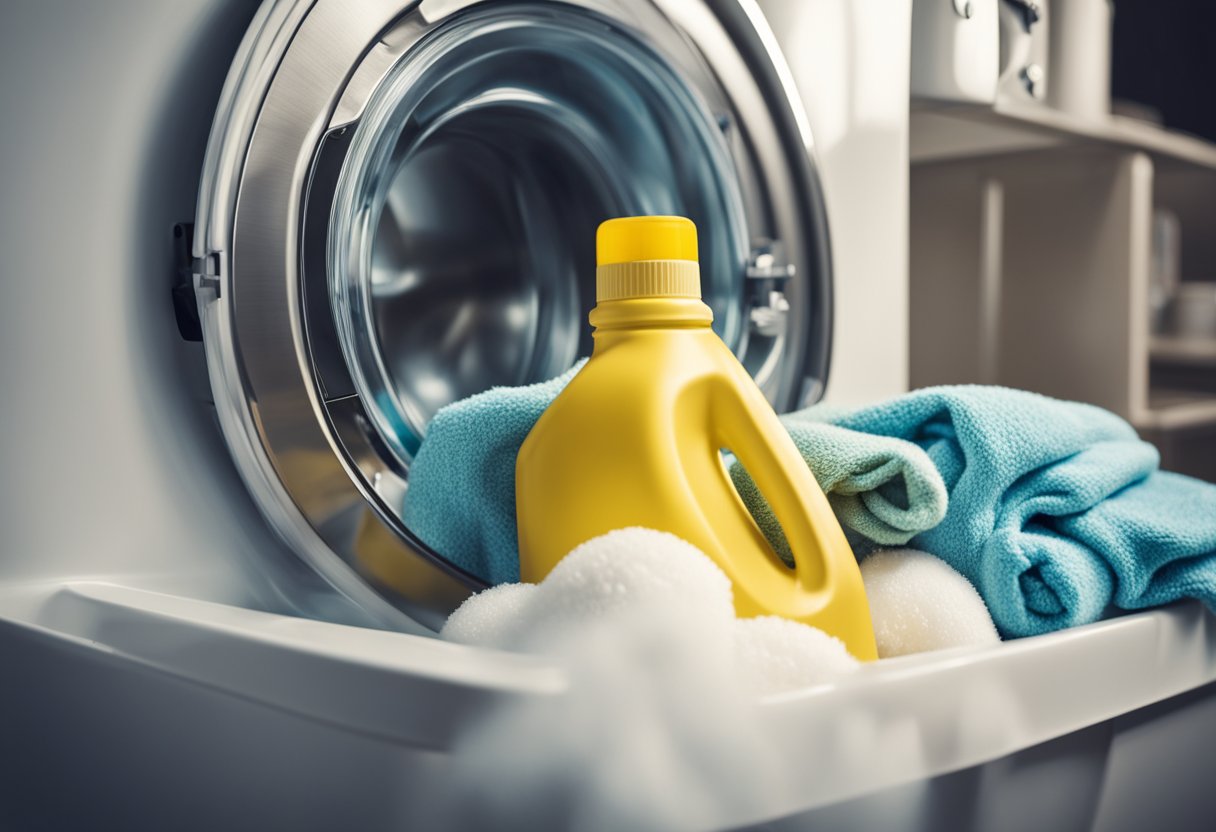 A hand pouring detergent into a washing machine, carefully avoiding splashing, with a pile of clothes waiting to be washed nearby