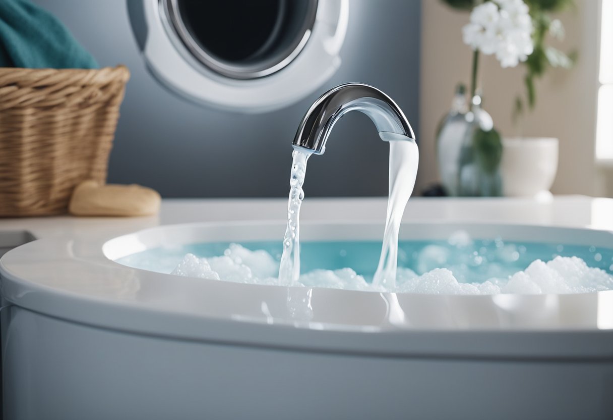 A hand pouring liquid detergent into a washing machine, followed by water flowing in to rinse the clothes, leaving them clean and free of soap stains