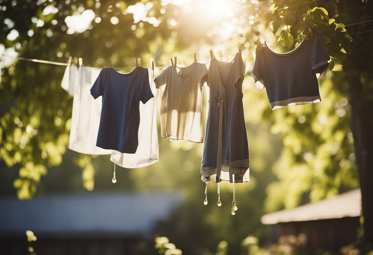 Clothes hanging on a line, with sun shining down. Soap suds dripping off, leaving no stains