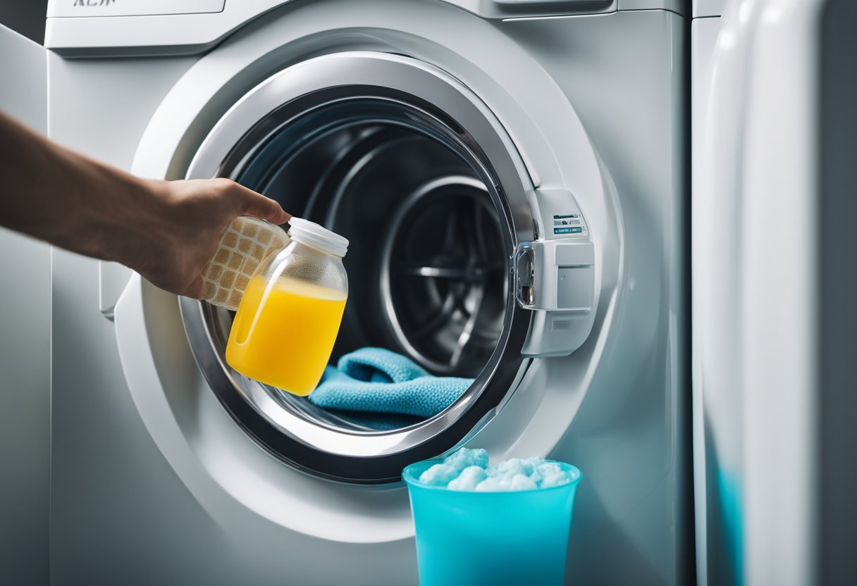 A hand pouring liquid detergent into a washing machine, with a clear, measured amount, and a pile of dirty clothes waiting to be washed
