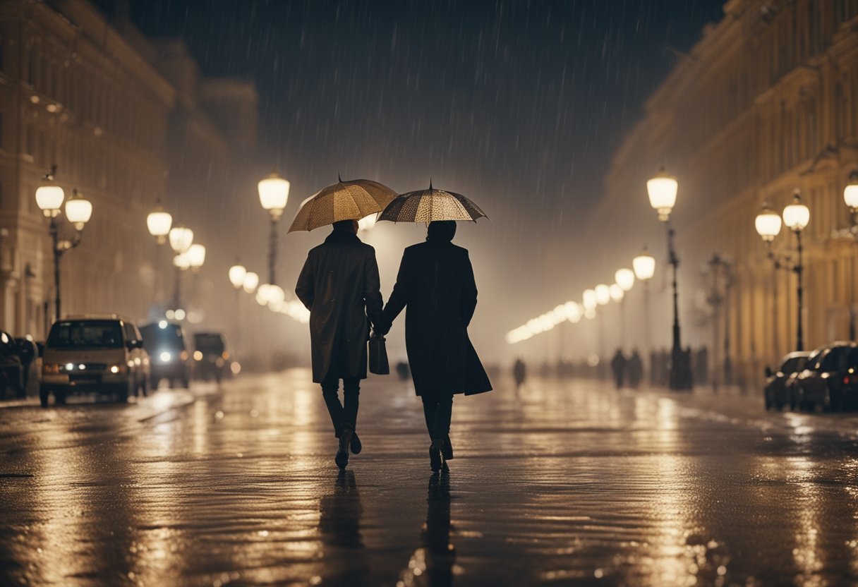 In the heart of Moscow, rain-soaked streets glisten under the glow of streetlights as two figures chase after each other in a tear-stained pursuit of love