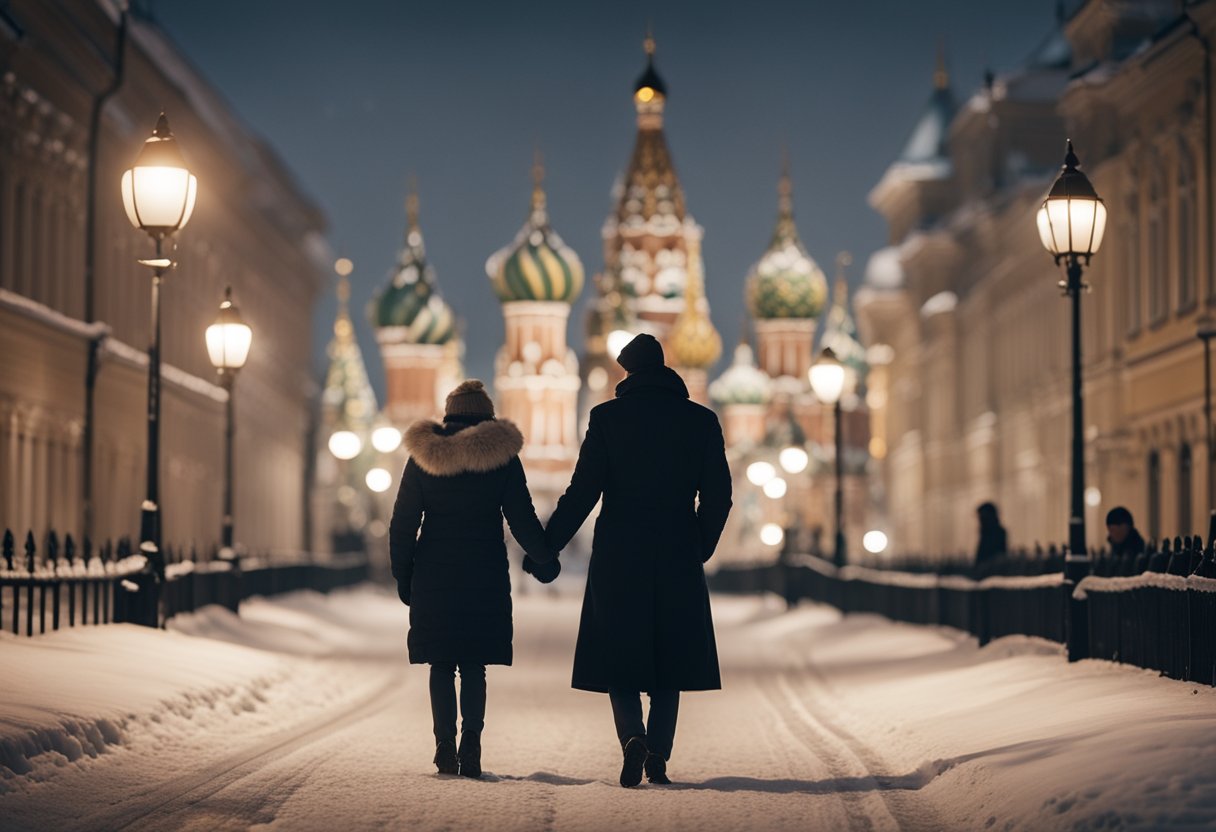 A snowy Moscow street, lit by dim streetlamps. Two figures embrace, tears glistening in their eyes. The Kremlin looms in the background, a symbol of love's enduring pursuit in the historical city