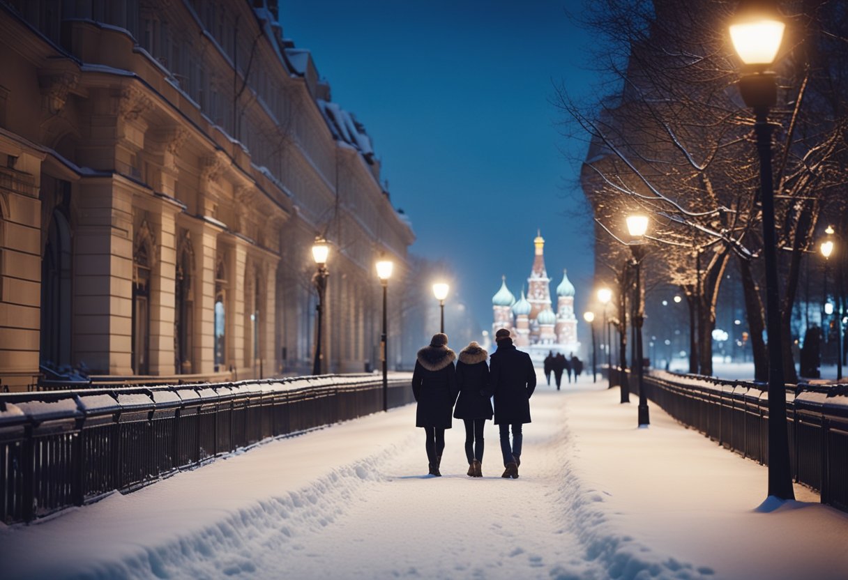 A couple walks along the snow-covered streets of Moscow, their breath forming small clouds in the chilly air. The city lights twinkle in the darkness as they search for love in the tear-stained night