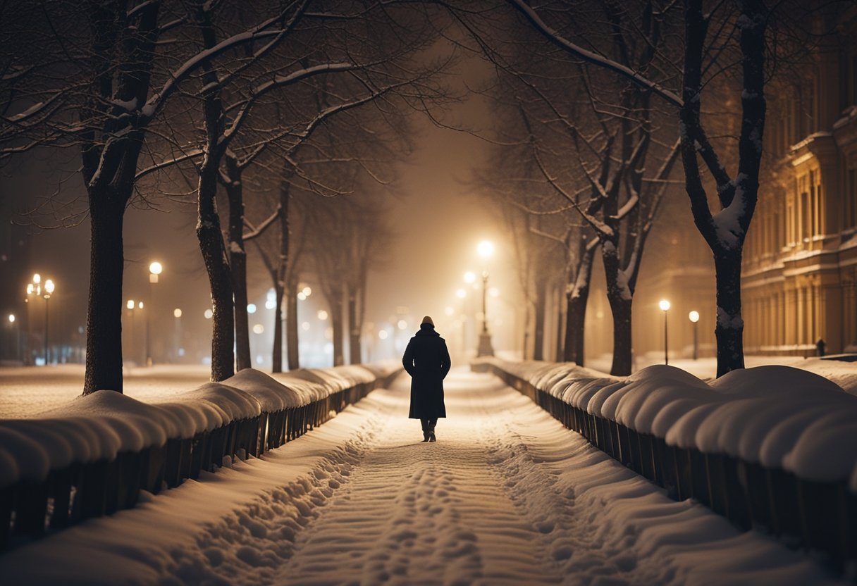 A lone figure wanders through the snowy streets of Moscow, gazing wistfully at the twinkling lights of the city. The air is filled with a sense of longing and yearning as the figure searches for love in the cold, desolate