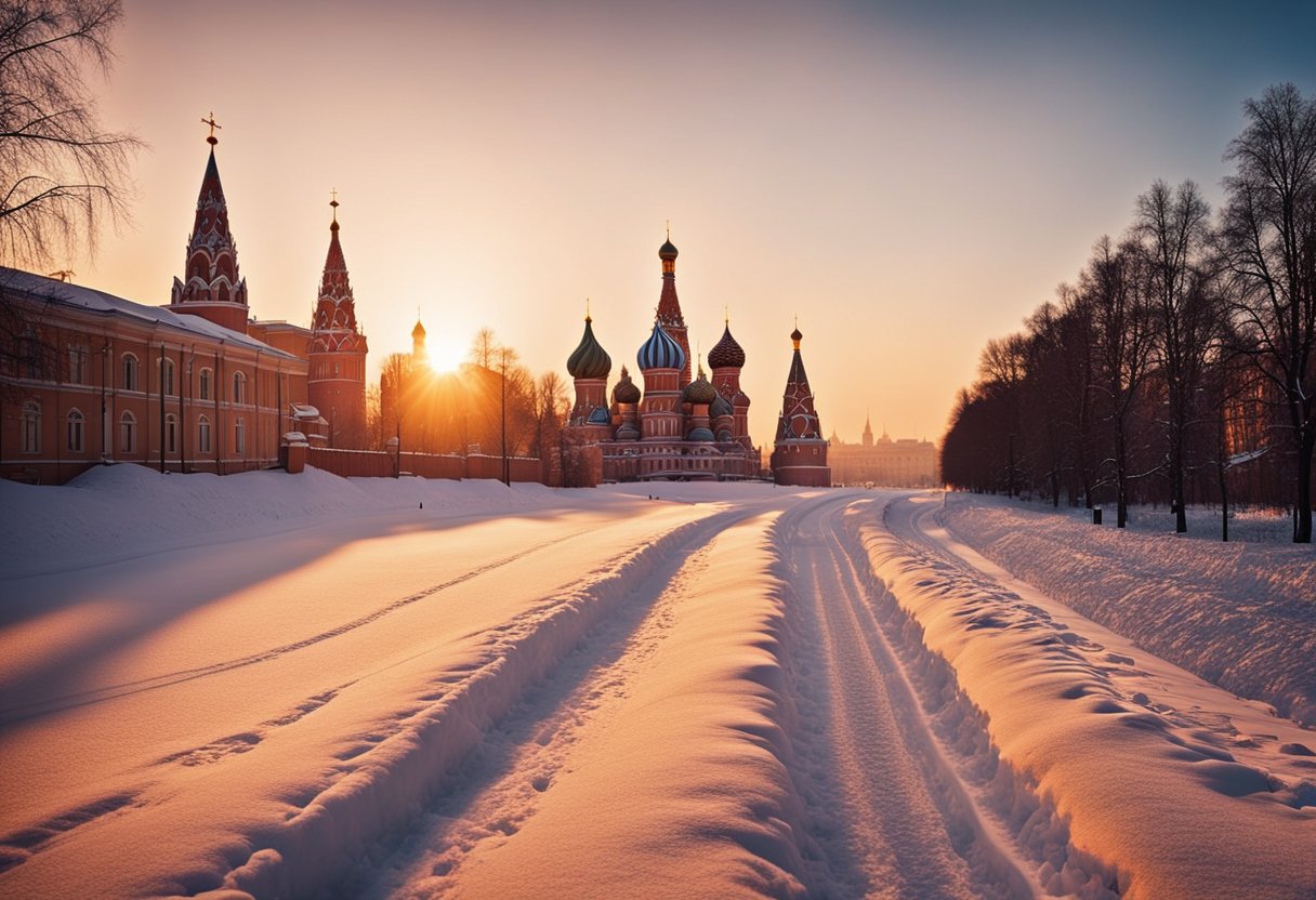 The sun sets over the snow-covered streets of Moscow, casting a warm glow on the historic buildings. A light snowfall adds a romantic touch to the scene, as couples walk hand in hand, lost in their pursuit of love