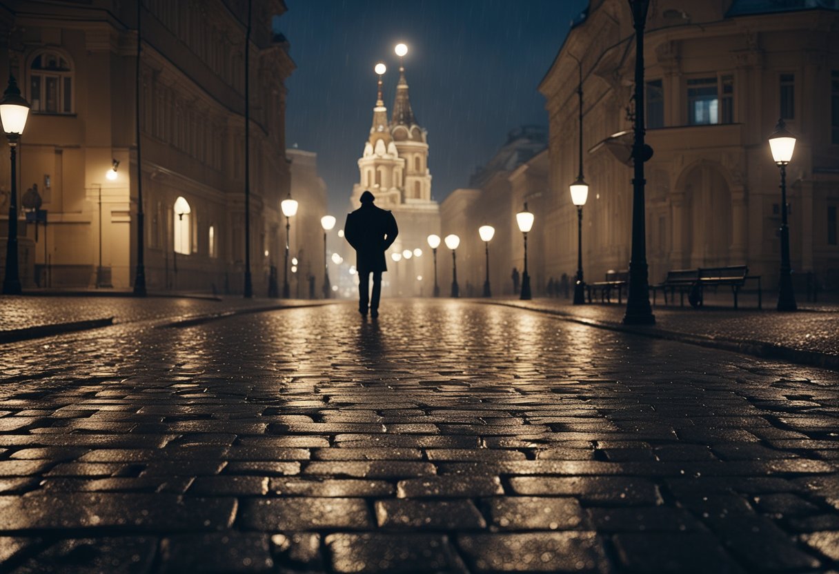 A moonlit Moscow street, rain-soaked cobblestones glisten. A lone figure gazes longingly at a distant silhouette, yearning for love's embrace