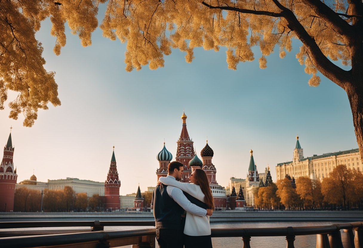 Moscow's iconic landmarks loom in the background as a couple embraces passionately in the foreground, capturing the city's romantic allure