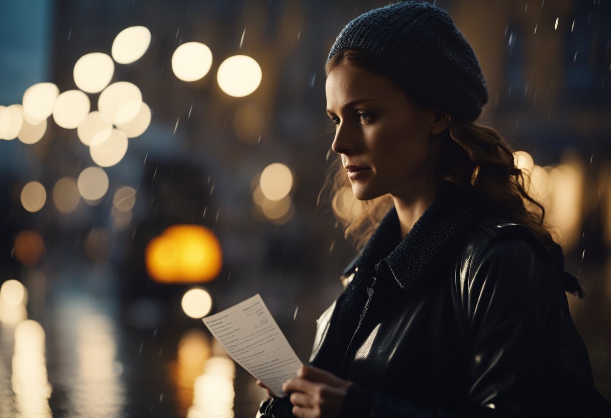 A woman's silhouette walks through a rainy Moscow street, clutching a letter close to her chest. The city lights reflect in the tears streaming down her face