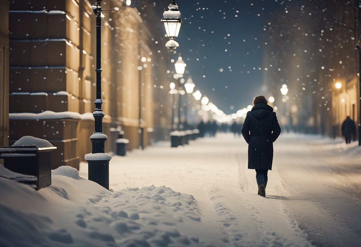 A snow-covered Moscow street, with twinkling lights and a solitary figure walking through the falling snow, their footsteps leaving a trail of tears behind them