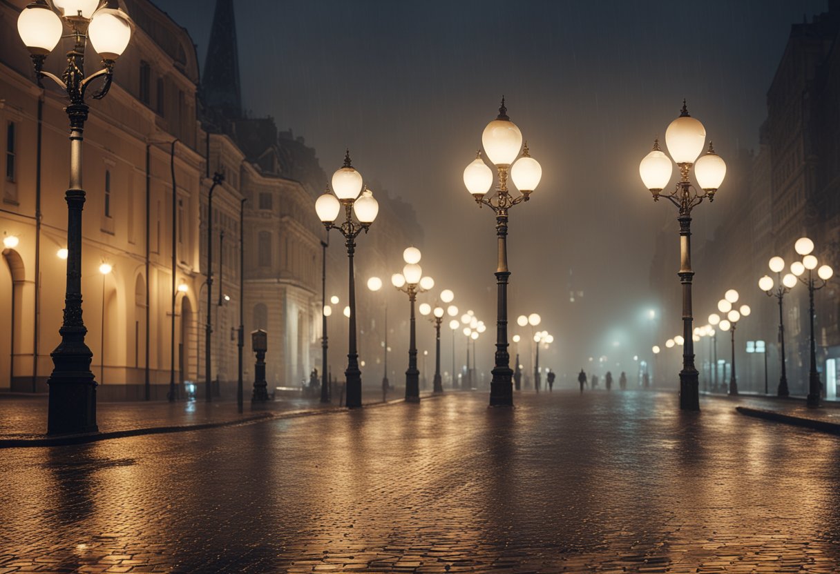 A rainy Moscow street, with glistening cobblestones and misty lampposts, sets the backdrop for a tearful pursuit of love