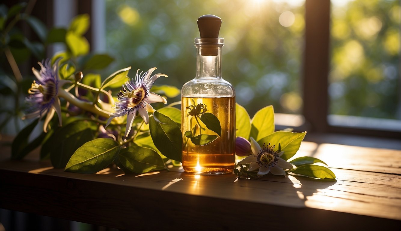 A glass bottle filled with passion flower tincture sits on a wooden table, surrounded by fresh passion flower vines and leaves. The sunlight streams through the window, casting a warm glow on the scene