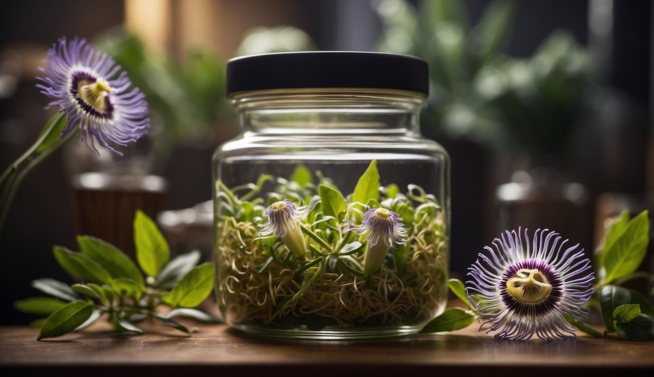 A glass jar filled with passion flower, surrounded by complementary herbs and ingredients such as chamomile, lavender, and alcohol