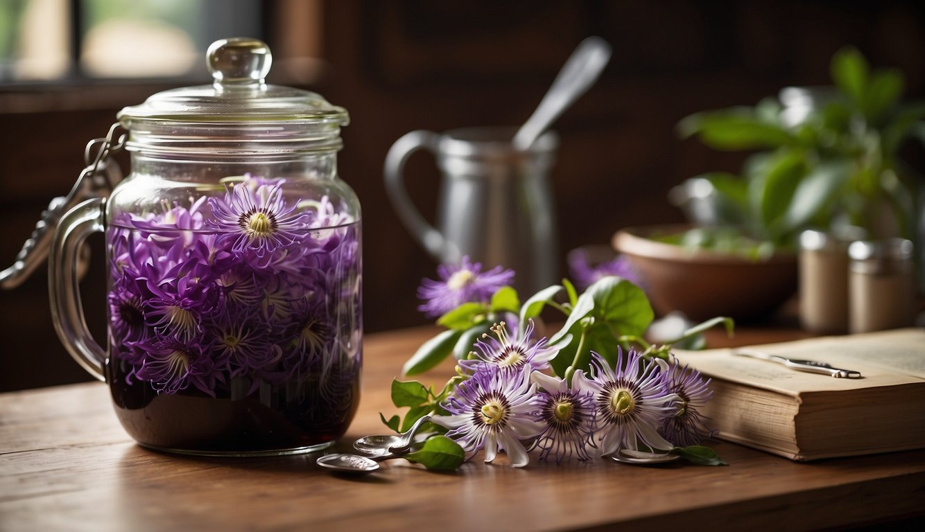 A glass jar filled with passion flower petals steeping in alcohol, surrounded by measuring spoons and a recipe book