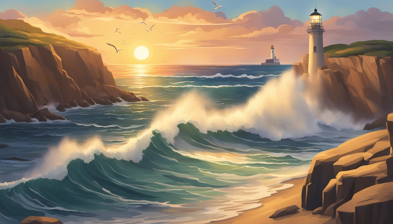 Sunset over rugged cliffs, waves crashing against golden sand. Seagulls soar above, while a lighthouse stands tall in the distance