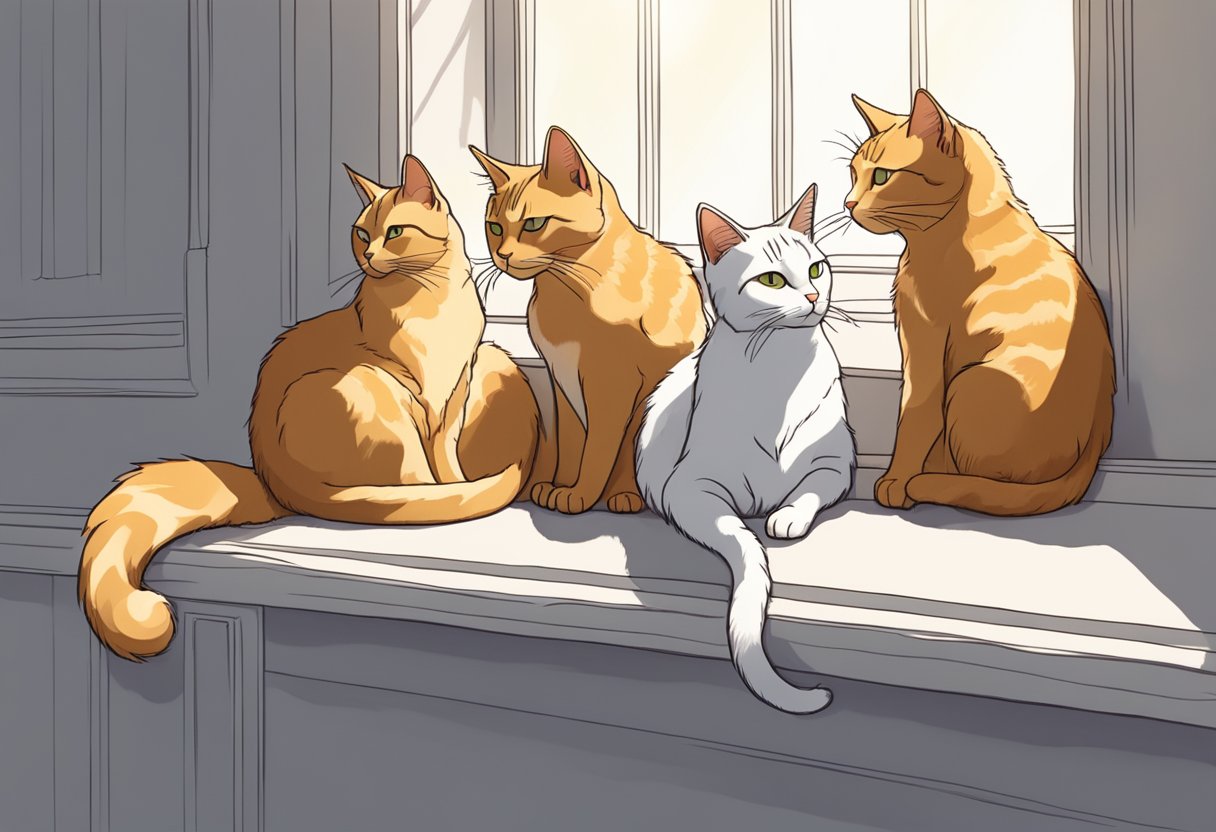 Three cats lounging on a sunlit window sill, tails curled, eyes closed
