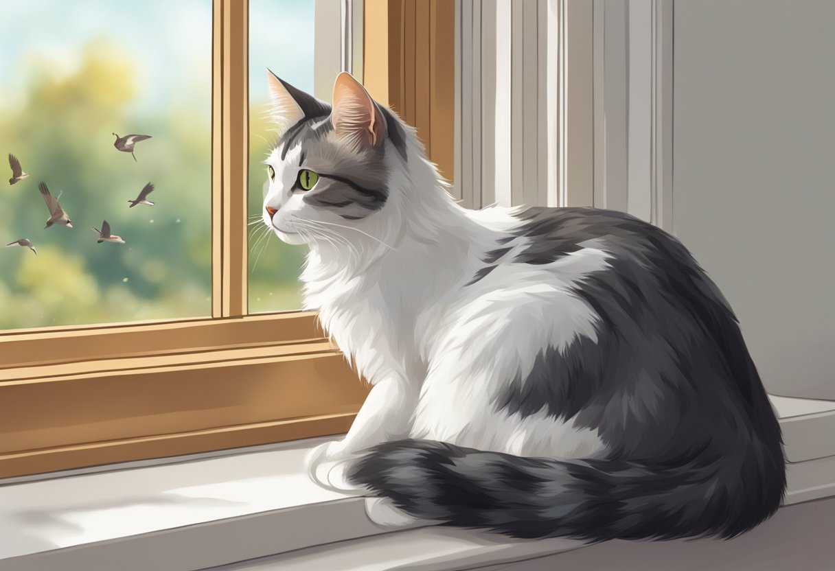 A cat sits on a windowsill, looking out at the world. Its tail curls around its body as it watches birds outside