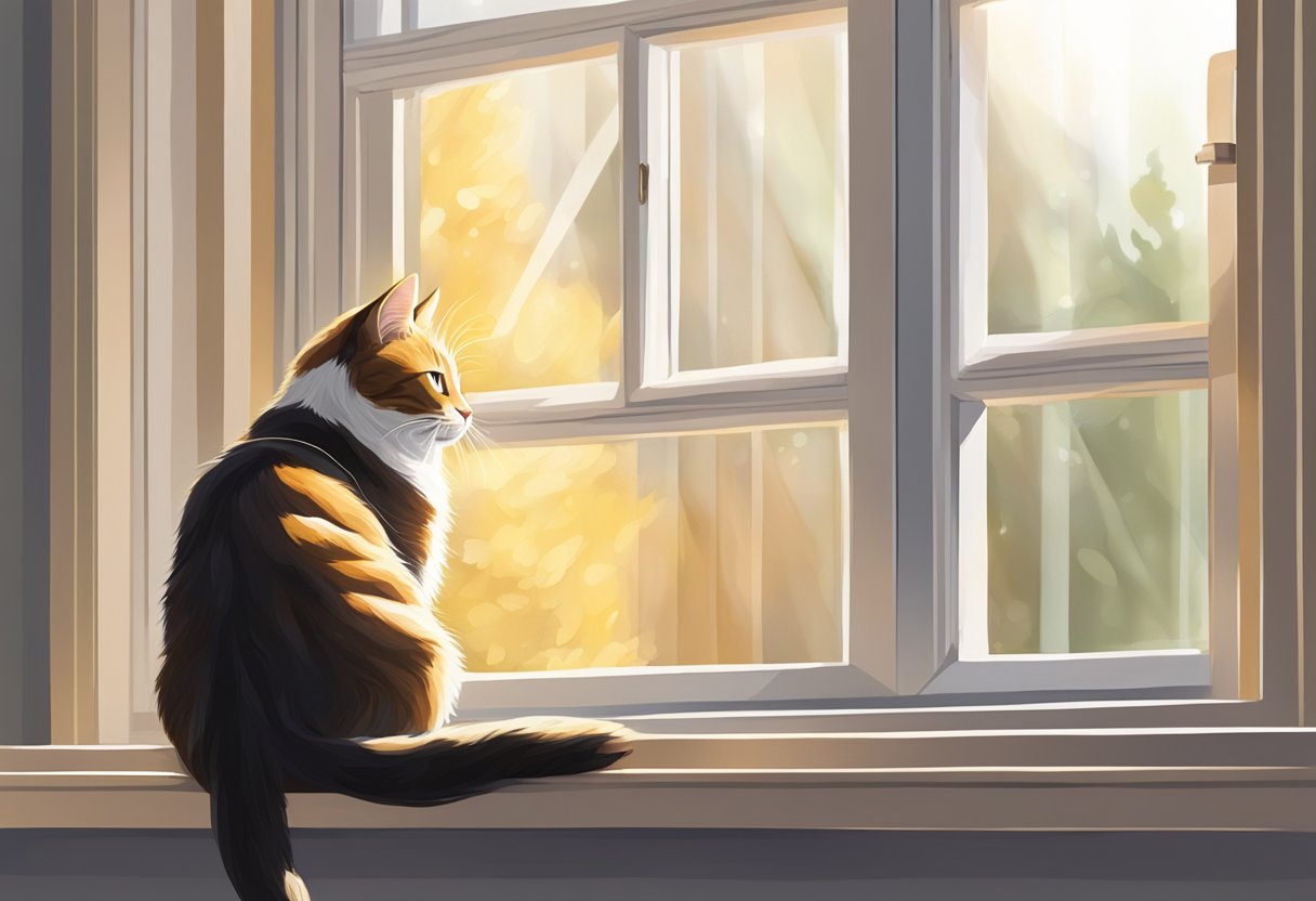 A cat sitting on a windowsill, with sunlight streaming in, casting a warm glow on its fur. The cat is looking out the window with a curious expression, its tail curled around its body