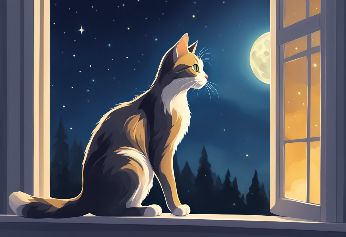 A cat sitting on a window sill, gazing out at the moonlit night. Its tail is curled around its body, and its eyes are wide with curiosity
