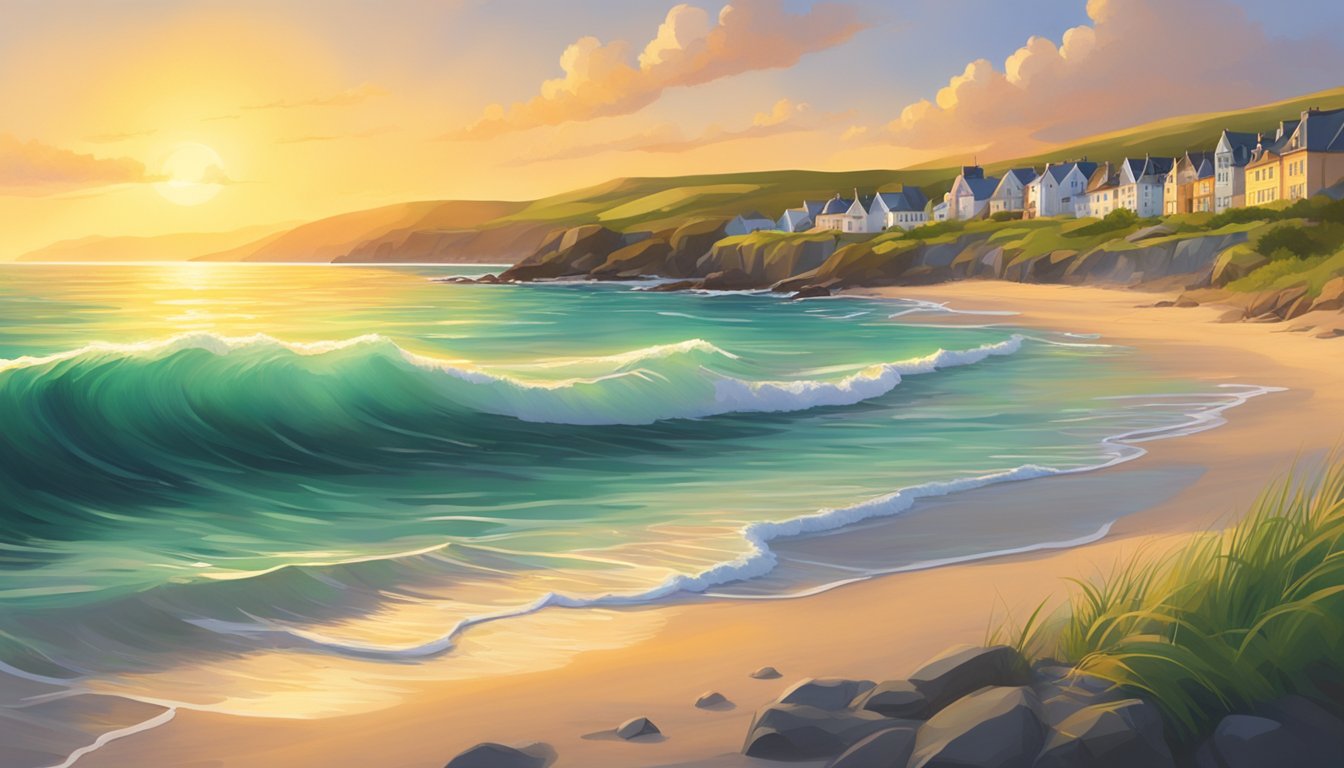 The sun sets over Emerald Shores, casting a golden glow on the pristine sandy beach and the crystal-clear waters of the Irish coast. Waves gently lap against the shore, creating a serene and idyllic scene for visitors to enjoy