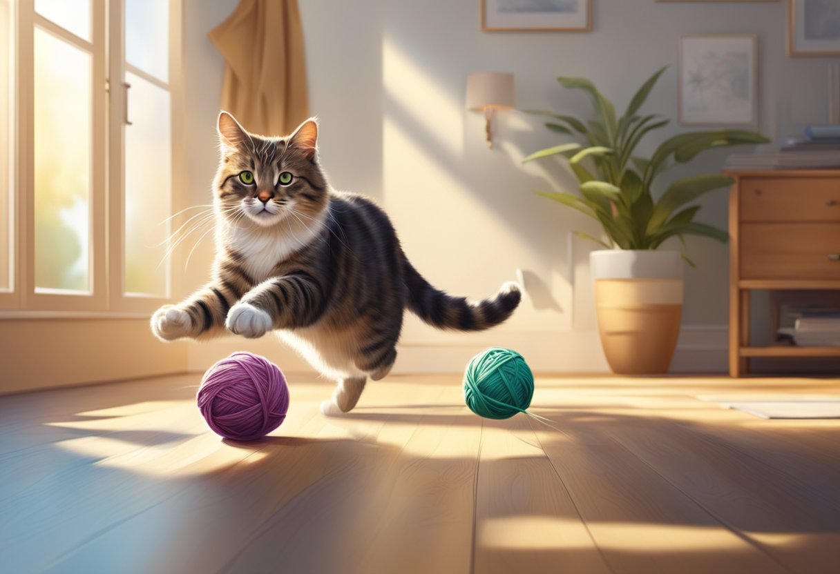 A playful cat chasing a ball of yarn in a sunlit room