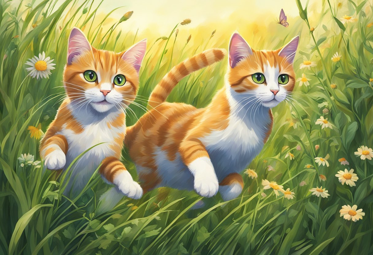 Two cats playfully chasing each other through a field of tall grass and wildflowers, their tails held high and their eyes bright with excitement