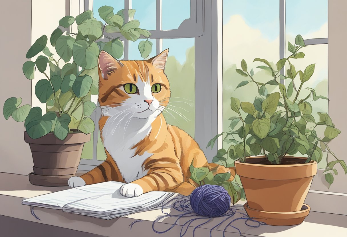 A cat sitting on a windowsill, with a tangled ball of yarn at its feet. A tipped-over potted plant and scattered papers show signs of a previous struggle