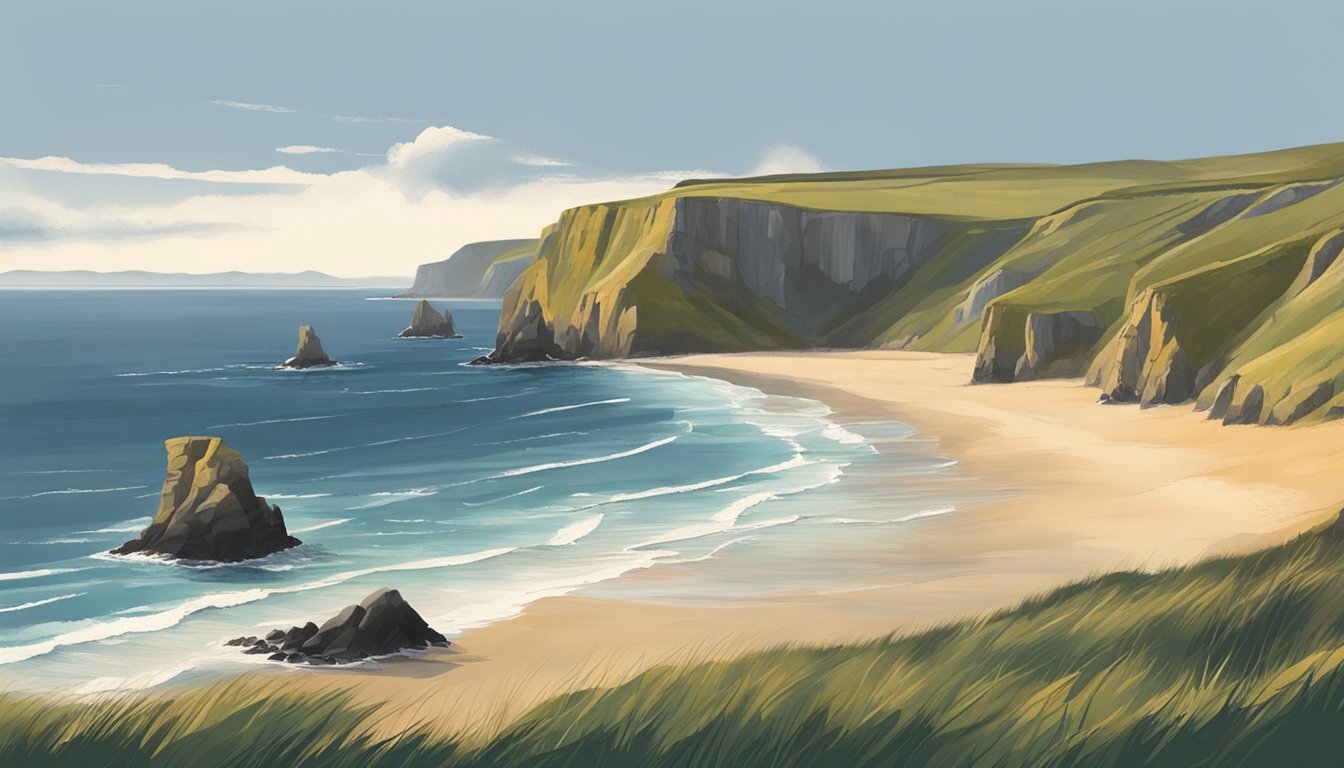 Golden sands stretch along the rugged coastline, meeting the deep blue waters of the Atlantic Ocean. Cliffs rise up in the distance, creating a dramatic backdrop for the secluded beaches of Ireland's South Coast